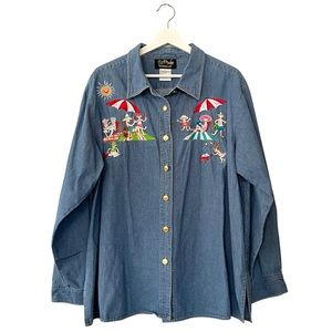 Bob Mackie Vintage Button Down Chambray Shirt Blue Women’s Size 1X Wearable Art